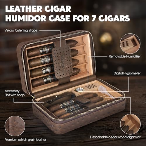 Scotte Cigar Humidor Box for Cigars, Cedar Wood Lined Leather Case with Hygrometer & Humidifier, Portable Cigar Lighter 