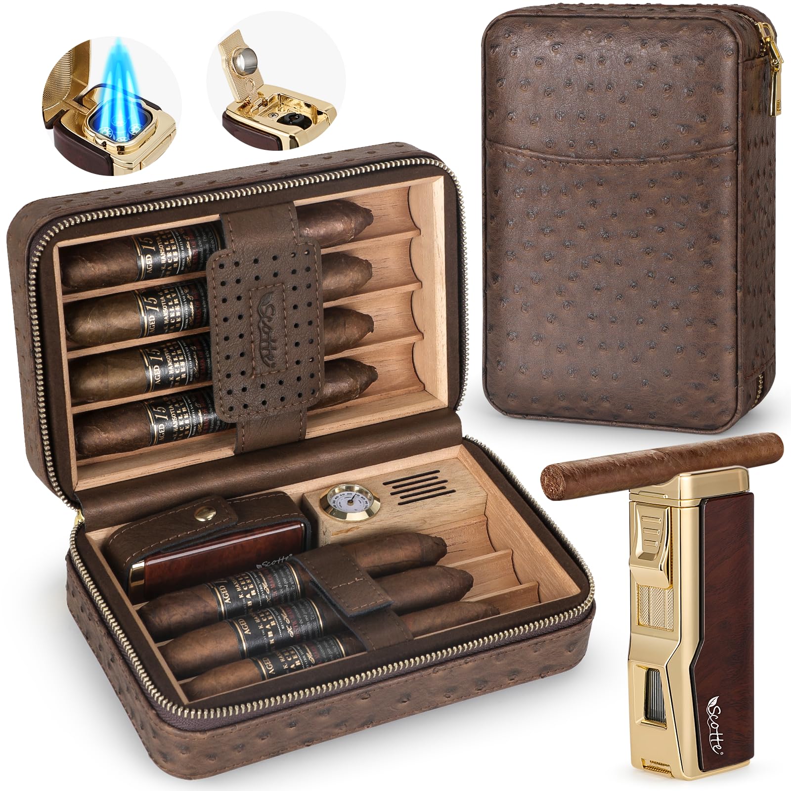 Scotte Cigar Humidor Box for Cigars, Cedar Wood Lined Leather Case with Hygrometer & Humidifier, Portable Cigar Lighter 